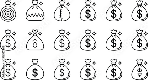 Collection of money bags with dollar signs and various designs
