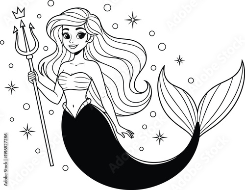 Magical mermaid fantasy vector illustration, underwater mythical sea creature artwork, trident and crown design, decorative stars bubbles sparkles, enchanting coloring page drawing