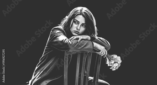 Melancholic Young Woman Sitting on a Chair with a Bouquet: Design for Emotional Book Covers, Psychological Blog Illustrations, or Dramatic Poster Art. Transparent background SVG version.