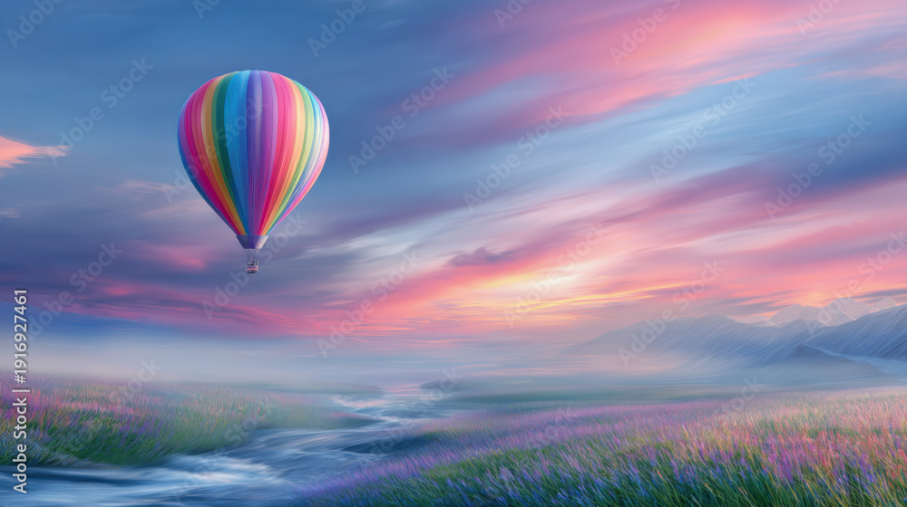 Fototapeta premium Colorful hot air balloon floats over a calm landscape at sunset