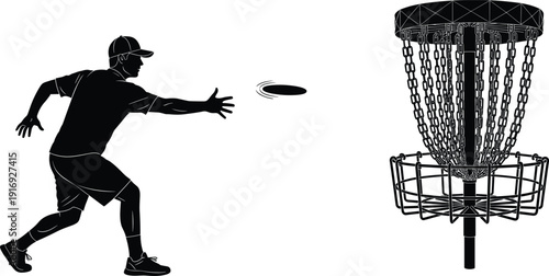 Black vector silhouette of a male player throwing a frisbee towards a disc golf basket target for outdoor sports recreation competition and active lifestyle branding