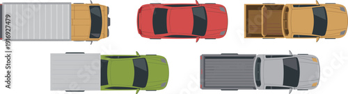 Flat vector illustration set of various vehicles from a top down aerial view including a red car, pickup trucks, and delivery vans