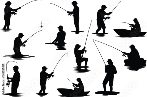 Set of black fisherman silhouettes holding rods fishing in water and boats, vector people figures for outdoor sport design