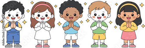Cute Kids Praying Together Character Set with Gratitude and Kindness Theme