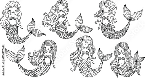 Whimsical cartoon mermaid vector illustration, black and white fantasy sea creatures, long flowing hair, seashell bikini tops, decorative coloring page design, stylized aquatic artwork