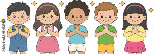 Cute Kids Praying Together Character Set with Gratitude and Kindness Theme