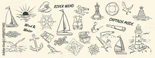 Vintage big set of maritime nautical and yachts symbols. Ship, anchor, steering wheel, binoculars, and elements of sea travel and voyages. For stickers, t-shirts, banners and posters.