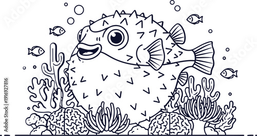 Vibrant pufferfish swimming with small fish in coral reef