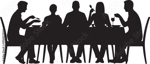 Five people sitting at a table in silhouette chairs