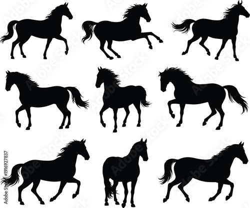 Set of black horse silhouettes running and galloping, wild stallion vector icons collection for equestrian farm logo design
