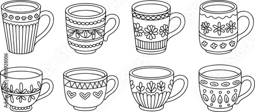 Hand Drawn Patterned Coffee Cup Illustration Set with Decorative Mugs and Teacups