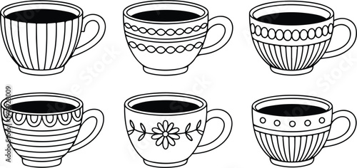 Hand Drawn Patterned Coffee Cup Illustration Set with Decorative Mugs and Teacups