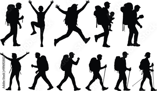 Set of black hiker silhouettes with backpacks walking and jumping, outdoor trekking and backpacking vector figures for mountain travel design