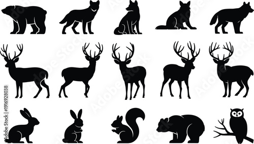 Forest wildlife animal silhouette set including deer bear wolf rabbit squirrel and owl for nature conservation park icons and flat vector graphic design