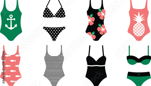 Women Swimwear Illustration Set with Bikinis and One Piece Suits Featuring Nautical Floral and Tropical Designs