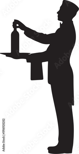 Silhouette of a man holding a bottle on a tray uniform