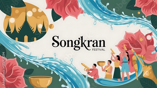 Songkran Thailand campaign visual, mix of tradition and modern celebration, premium advertising style, water effects, tropical color palette, PSD mockup, professional branding layout