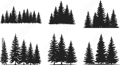 Set of black pine tree silhouettes and evergreen forest clusters, vector coniferous spruce wood icons for mountain nature landscape design,
