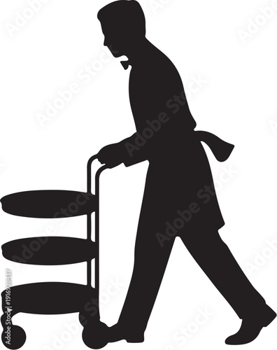 Silhouette of a person pushing a cart with three shelves