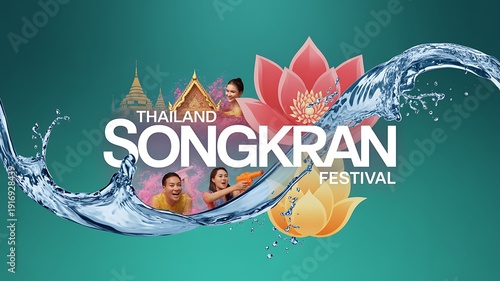 Songkran Thailand campaign visual, mix of tradition and modern celebration, premium advertising style, water effects, tropical color palette, PSD mockup, professional branding layout