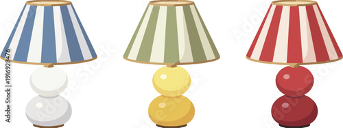Colorful Table Lamp Vector Set with Striped Lampshades and Modern Decorative Bases