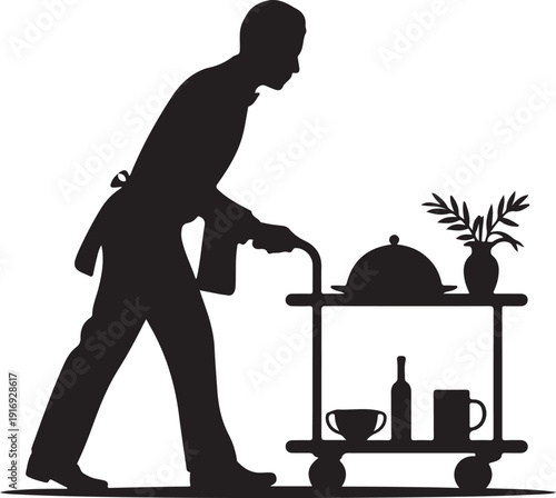 Silhouette of a person pushing a serving cart with covered dish and plants