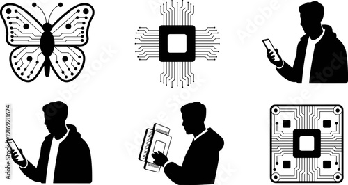 Technology icons vector set, butterfly circuit design, microchip illustration, smartphone user silhouette, human interaction with devices, electronics, innovation, digital transformation