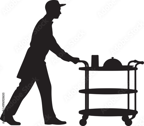 Silhouette of a person pushing a food serving trolley