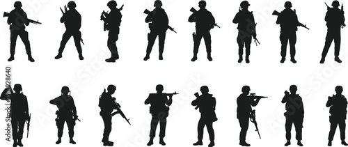 Set of black soldier silhouettes holding guns and rifles, military army vector figures for war combat and defense logo design