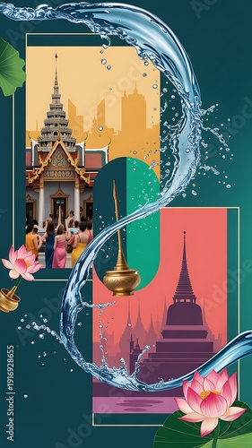 Songkran Thailand campaign visual, mix of tradition and modern celebration, premium advertising style, water effects, tropical color palette, PSD mockup, professional branding layout
