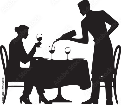 Silhouette of a waiter pouring wine for a seated woman