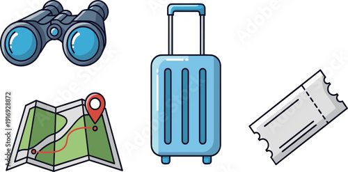 Travel essentials icons vector set, binoculars, suitcase, map with route, ticket, adventure gear, tourism illustration, exploration, outdoor journey design