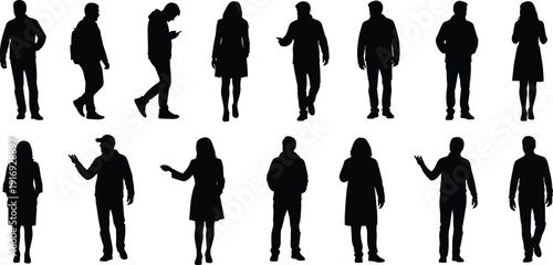 Set of diverse people silhouettes walking, standing, and using mobile phones, men and women in casual winter clothing, isolated vector. (20 words)