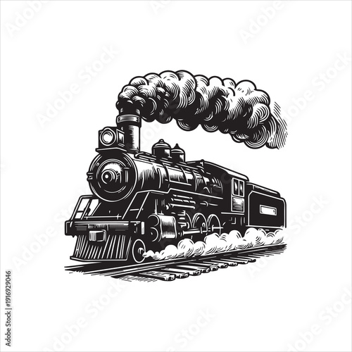 A vintage steam locomotive with a large plume of smoke billowing from its chimney, depicted in a detailed black and white vector illustration against a clean white background.