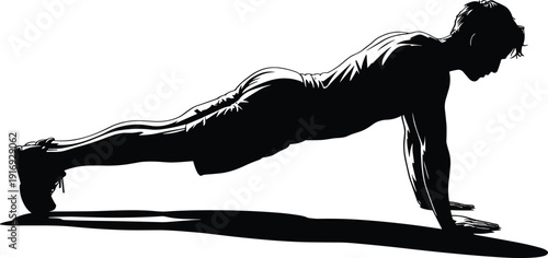 Athlete in dynamic push-up position with strong silhouette