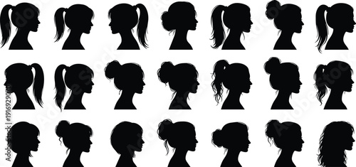 Set of female profile silhouettes with various hairstyles including ponytails buns and wavy long hair
