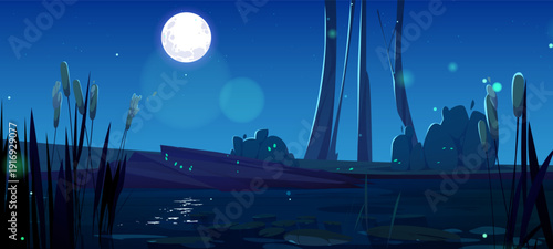 Moonlit swamp landscape, full moon over lake with cattails and glowing fireflies vector illustration