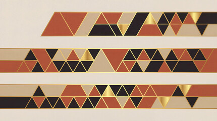 Set of luxury horizontal geometric borders with gold, brown and black triangles on beige background