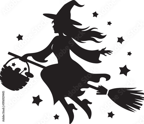 Silhouette of a witch flying on a broom with stars