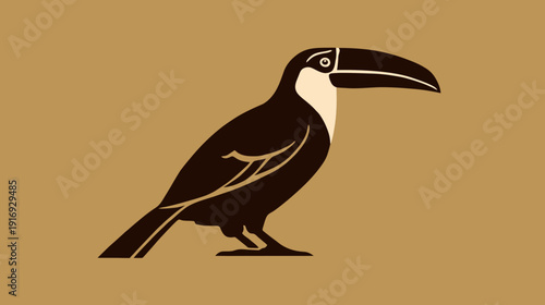A simplified illustration of a toucan bird with a large beak, set against a brown background