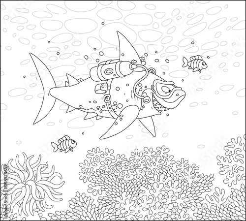 Funny great white shark scuba diver swimming with small striped fishes over an exotic coral reef in a tropical sea, black and white outline vector cartoon illustration for a coloring book