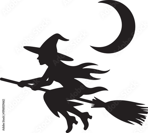 Silhouette of a Witch Flying on a Broomstick Under a Crescent Moon 2