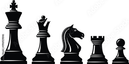 Black vector silhouette set of classic chess pieces featuring the king queen knight rook and pawn for board game strategy competition and intelligence brandingBlack vector 