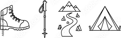 Hiking and camping icons vector set, trekking boot, trekking pole, mountain trail, campsite tent, outdoor adventure, nature exploration, travel illustration