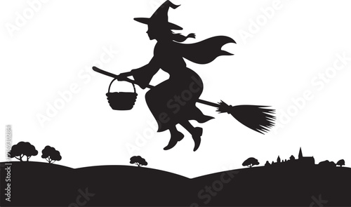Silhouette of a witch flying on a broomstick with a cauldron