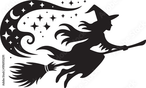 Silhouette of a witch flying on a broomstick with a crescent moon and stars 1