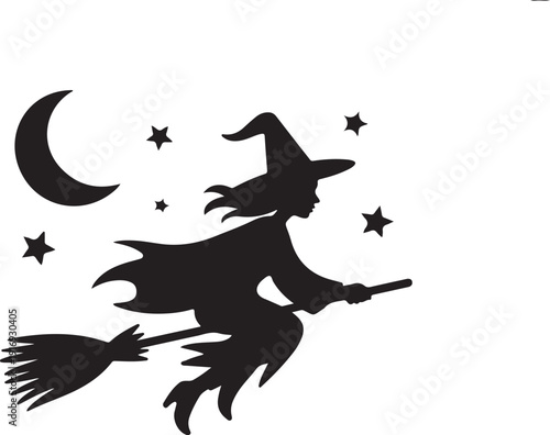 Silhouette of a Witch Flying on a Broomstick with a Crescent Moon and Stars