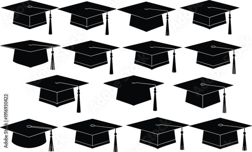 Black vector silhouette set of diverse graduation caps and academic mortarboards with tassels for university commencement education achievement and school graduation ceremony branding design