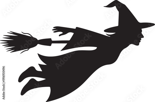 Silhouette of a witch flying on a broomstick with a pointed hat