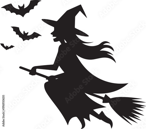 Silhouette of a Witch Flying on a Broomstick with Bats